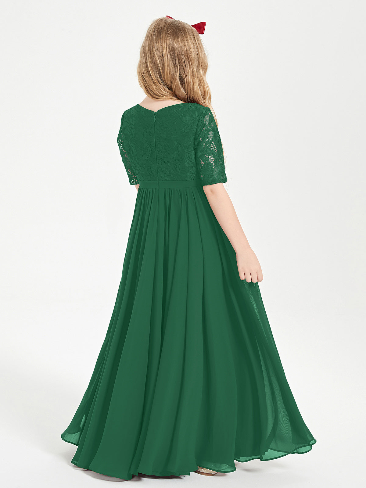 Lace Top Half Sleeved Junior Bridesmaids Dresses Dark Green